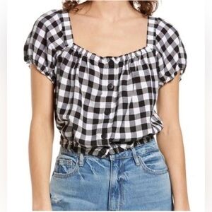 Madewell gingham check puff sleeve button front crop top, black white, medium